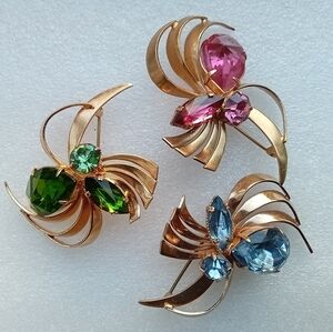 Three Vintage Gold-Tone Floral Crystal Brooch - Pink, Green, Blue